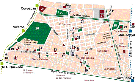 Coyocan Map, Image: Taos Art School, Frida Kahlo, Frida Kahlo's art, Frida Kahlo tour, casa azul, creative sources, art odysey, larry torres, coyoacan, museo de arte moderno, museo leon trotsky, pyramids, sun, moon,Frida, Kahlo
