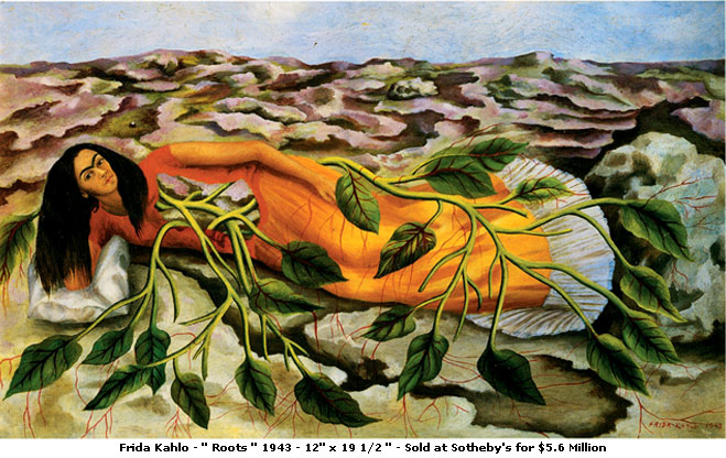 Image: Frida Kahlo, Roots, 1943, Image: Taos Art School, Frida Kahlo, Frida Kahlo's art, Frida Kahlo tour, casa azul, creative sources, art odysey, larry torres, coyoacan, museo de arte moderno, museo leon trotsky, pyramids, sun, moon,Frida, Kahlo