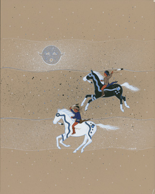 Image: Sand painting of horses on a beige background